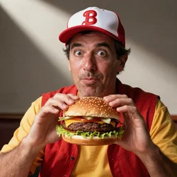 photo of real - life hamburglar with hamburgers in his hands looking sneaky