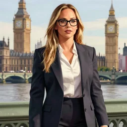 bodybuilder jennifer lawrence wearing suit and glasses, standing in london, cinematic lighting, octane render, photorealistic, digital painting, drew struzan, gta v cover art