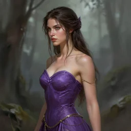 brunette fairy woman, wearing purple strapless dress, d & d, fantasy, highly detailed, digital painting, trending on artstation, concept art, sharp focus, illustration, art by artgerm and greg rutkowski and magali villeneuve, side angle