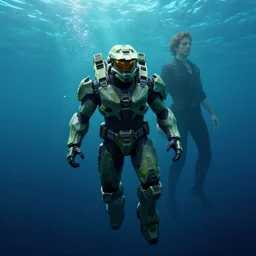 master chief from halo floating underwater, deep ocean, by greg rutkowski and thomas kinkade, trending on artstation, 4k