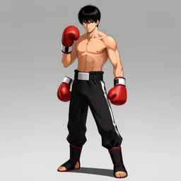 concept art of demon boxing hero , short hair,worn pants,boxing glove manga style by Yusuke Murata,Takeshi Obata,Tite Kubo,Kentaro Miura,Masakazu Katsura,Hiroya Oku ,Katsuhiro Otomo,Masakazu Katsura, ArtStation, manga style,centered,highly detailed face,CGSociety
