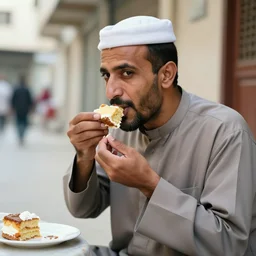 portrait in a side street of a yemen man eating cake wearing a birthday hat, photography, vintage photo, faded colors, 7 0 s, new york, photography