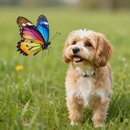 a dog and a multicolored butterfly, in a field, photo realistic, digital art