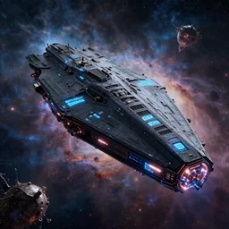 a hyper realistic beautiful scene render of a single massive black starship with glowing engraved neon inscriptions and floating in an cosmic nebulae, mechanics, electron flow, metal, 3 d render, in the style of christophe vacher and sparth juan gregory crewdson and simon stalenhag paul pepera pablo roldan