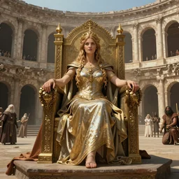 An epic fantasy character art full portrait of a goddess sitting on a throne presiding over a gladiatorial match, by Greg Rutkowski, Frank Frazetta, Boris Vallejo, olympus, Exquisite detail, post-processing, masterpiece, cinematic, coliseum