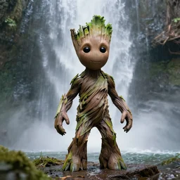 photorealistic wide shot portrait of Groot, under waterfall, octane render, unreal engine 4k, volumetric light, fog, detailed