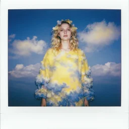 maximalist old ukrainian woman!!!! fully covered in yellow and blue clouds!!!, disarming, enchanting, fragile, hopeful, cloudcore, polaroid!!, by kim keever