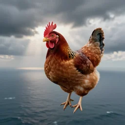 humanoid chicken with a headache, on a flight over the sea, realistic scene, very detailed