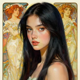 a beautiful girl, glass, long black hair octane render, vivid colors, artstation, painting by artgerm, face by wlop, by greg rutkowski, by jeremy mann, by alphonse mucha, by boris vallejo.