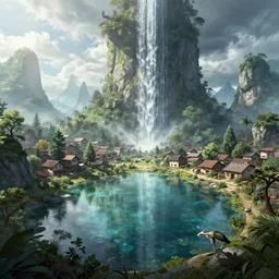 a beautiful very detailed render of village urbex by alejandro aravena, water anime lake evil gem landscape wilderness showers scumm bar nature assassin's creed tron, archdaily, wallpaper, highly detailed, trending on artstation.