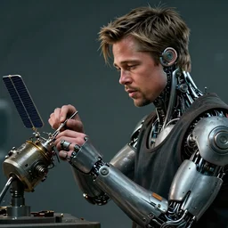 a young brad pitt with cybernetic enhancements working assembling a satellite, smooth skin, scifi character portrait by greg rutkowski, esuthio, craig mullins, 1 / 4 headshot, cinematic lighting, dystopian scifi gear, gloomy, profile picture, mechanical, half robot, implants, steampunk