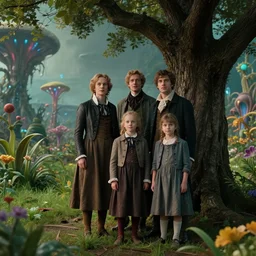 sharp, highly detailed, film from a 2 0 1 9 sci fi 1 6 k movie, set in 1 8 2 0, family standing next to a tree, in a park on a strange alien planet, full of strange plants and flowers, wearing 1 8 2 0 s clothes, atmospheric lighting, in focus, reflective eyes, 3 5 mm macro lens, live action, nice composition