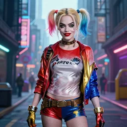 Harley Quinn Margot Robbie in a cyberpunk street, concept art, digital art, well detailed, trending on artstation, 8k
