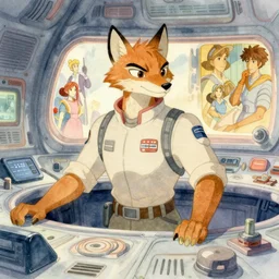 science fiction, masculine lynx - headed engineer, navigation deck of nostromo, studio ghibli, pixar and disney animation, sharp, disney concept art watercolor illustration by mandy jurgens and alphonse mucha and alena aenami, pastel color palette, dramatic lighting, highly detailed