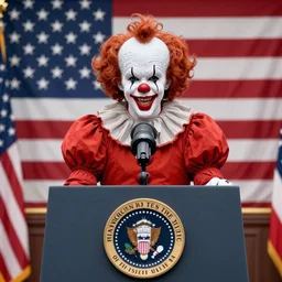 Pennywise the clown (2017) giving an official speech as president of the USA in front of the USA flag, 4K realistic award-winning