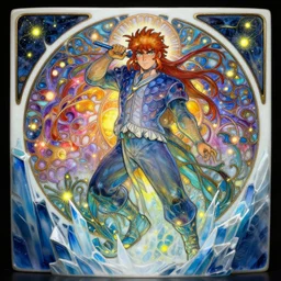 cuberpunk, fallguys character, carving on southern ice porcelain , overdetailed art, by greg rutkowski, by Alfons Mucha, complementing colors, magic, colorful lights, fireflies, detailed illustration