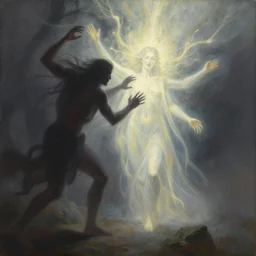 there stands a benevolent celestial being in the midst of a horizontal scene. evil and badness attack the celestial being from one side, but from his other side emerges light and life. the celestial being is a conduit. light and life emanate from the celestial being. | painting by craig mullins. minimal detail