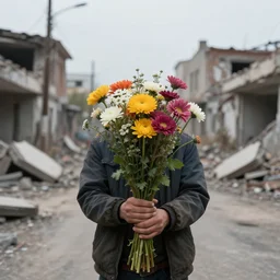 photorealistic man holding flowers in his hands in the middle of war+ruins+street