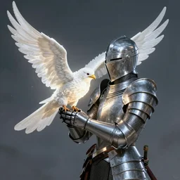 “armored knight hold a luminance white bird carefully, atmospheric”