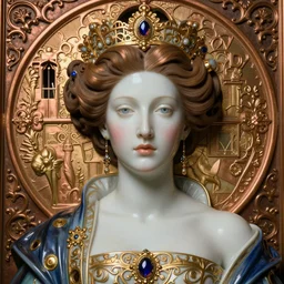 face centered portrait, artwork by james jean, hyperdetailed realistic smooth polished porcelain, beautiful romanesque queen, jean delville, art nouveau, gustav klimt, ornate copper patina gothic icon, james jean, ultrasharp hyperdetailed photorealistic octane render