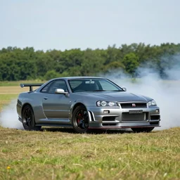 Nissan Skyline GTR doing burnouts in a field