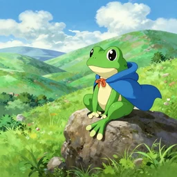 chrono trigger frog character, blue cape, seated on top of a rock next to a lush green hillside, valley clouds, a detailed painting by hayao miyazaki, pixiv contest winner, plein air, 2 d game art, official art, detailed painting