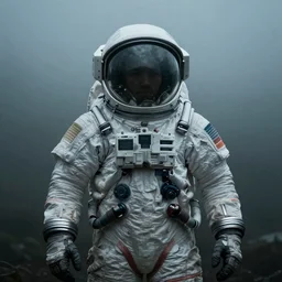 man in spacesuit, dark, moody, foggy, made by Sean Yoro and Chie Yoshii, washed colors, high details, realistic