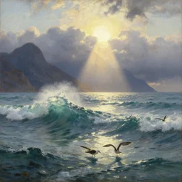 oil painting of medieval seabirds roaming the ocean in dawn by anders zorn, wonderful art by greg rutkowski, incredible lighting, shadows, beautiful cinematic light, american romanticism by greg manchess, tall rocky mountains and storm clouds, sun rays, sunshine, bright sunny summer day, tall backlit waves, wild water, reflections