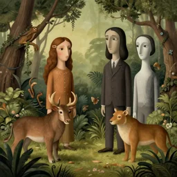 animals of the jungle surreal illustration by jerico santander, heidi taillefer, mark ryden, giorgio de chirico, paul delvaux, hieranonymus bosch, alexandra gallagher, michael cheval, yves tanguy, lauren marx, jake messing, hannah yata, caitlin hacket