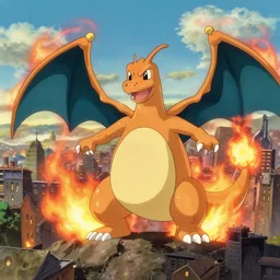 charizard burning down a city, artwork, anime, studio Ghibli movie still