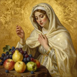 le quattro stagioni winter masterpiece ultrarealistic ultradetailed painting of catholic veiled lady beside fruits, still life, greg rutkowski, immerse, slime, 2 0 th century, special effects makeup,, maximalist, glittering, gold, ivory, hyperreal, golden ratio, pinterest, alphonse mucha