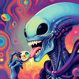 a colorful vibrant closeup portrait of a xenomorph licking a tab of LSD acid on his tongue and dreaming psychedelic hallucinations, by kawase hasui, moebius, Edward Hopper and James Gilleard, Zdzislaw Beksinski, Steven Outram colorful flat surreal design, hd, 8k, artstation