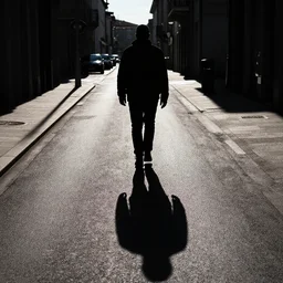 a shadowy figure walks along an empty street by agostine arrivabene, highly detailed, dark tones