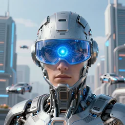 techno god wearing a blue glass eye visor surrounded by futuristic city, flying cars, sharp focus, ultra detailed, intricate, digital art, 4 k, golden ratio,
