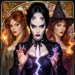 stunning hyperdetailed art nouveau portrait of eva green wednesday addams and anjelica huston as the mythological 3 witches, by achilleos, kaluta and mucha, photorealism, extremely beautiful, perfect symmetrical facial features, perfect anatomy, strong confident eyes, witchcraft, glow of magic powers, eldritch crackle, lightning, fire, sparkling energy bolts