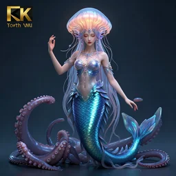 Full body photo of the most beautiful goddess, she has a jellyfish-phoenix head's and a siren body, some tentacles are touching her, by Tooth Wu, trending on Artstation, digital art, symmetrical artwork, cinematic, hyper realism, high detail, octane render, 4k, 8k