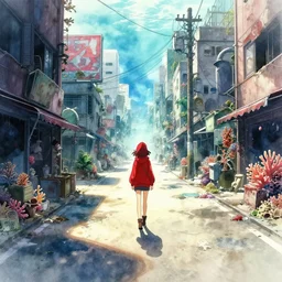 incredible anime movie scene, vanishing point, red hoody woman explorer, watercolor, underwater market, empty road, coral reef, billboards, harsh bloom lighting, rim light, abandoned city, paper texture, movie scene, caustics shadows, deserted shinjuku junk town, old pawn shop, bright sun ground, wires, telephone pole, pipes