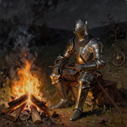 an oil painting of a knight, sitting by a campfire at night, highly detailed