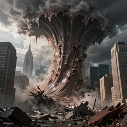 tsunami of liquid chocolate on new york, post apocalyptic, cinematic ruin