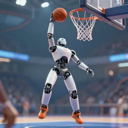 a futuristic robot dunking a ball:: octane render:: 8K:: bokeh