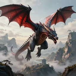 an evil scaly dragon swooping down in front of a rich Enchanted mountain ultra HD digital art