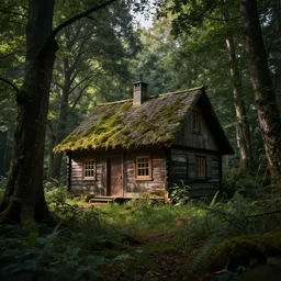 a cottage in the woods, fantasy, hyper realistic, dramatic lighting, 8k, wide field of view