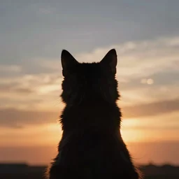 a stunning ultra detailed silhouette of the back of a furry cat watching a sunset by tom bagshaw and zach sutton, backlight, backview, 5 0 mm, golden hour hues, sunset sky, deep depth of field, artstation, 8 k, highly coherent