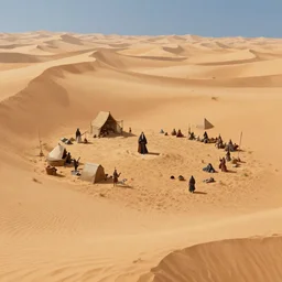 extreme long shot of a sacred warrior isolated community living in an oasis in the middle of a large sand desert, digital painting, artstation, matte painting, highly detailed, art by mappa, kyoani, wit studio, studio bind