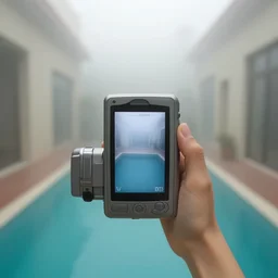 Beautiful cameraphone 2000s, soft liminal Photograph of foggy hallway pool