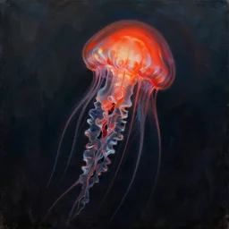 A Scarlet Jellyfish painting by Grace Pailthorpe, very ethereal, dark, chiaroscuro, solarization
