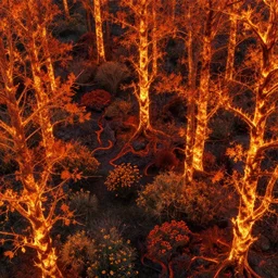 a sense of awe, A fire forest of trees with flaming leaves and FIRE trunk ,fire catkin ,lot of Shrubs safflowers Magma scattered high and low,Aerial view,by M.C. Escher and Peter Mohrbacher and James Jean and Craig Mullins and Ross Tran and Hiroshi Yoshida and Mark Simonetti and Ivan Aivazovsky