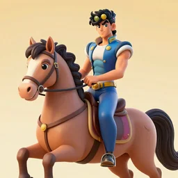 a 3d render of jojo\'s bizarre adventure character giorno giovanna riding a horse, Disney Tangled style, hd