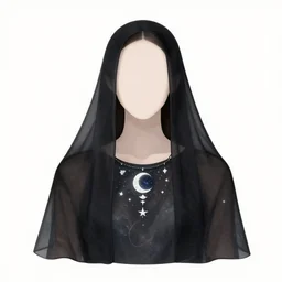 a portrait of a galaxy as an androgynous druid spirit wearing a necklace of moons and stars, draped in transparent black cloth, flat colors, occult, minimal, swirly, bust by alphonse mucha, decorative art deco border, astrophotography, vast cosmos, digital illustration overlayed on photography, trending on artstation
