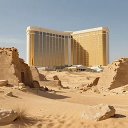 matte painting of ruins in the desert of the trump hotel and casino, desert ruins, ozymandias